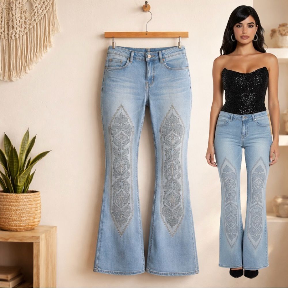 🛍️ SWEET NOVEMBER Vintage Boho Y2K Embroidered Studded low rise jeans pants Sm